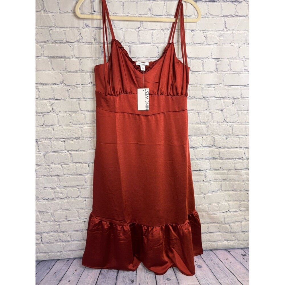 NWT Nine West Marsala Flower Satin Strappy Party Wedding Empire Midi Dress L